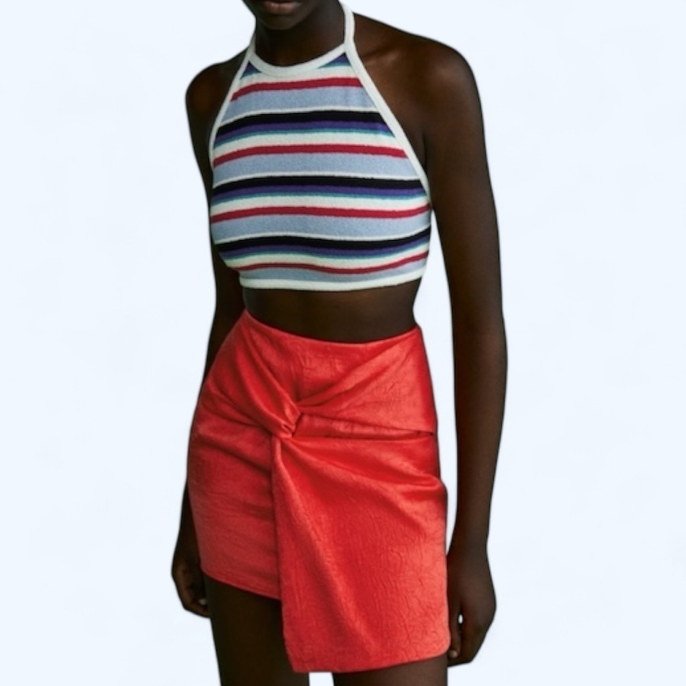 NWT Zara Satin Effect Knotted Mini Skirt in Red Size M